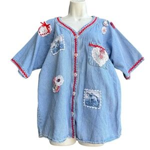 Vintage Sunbelt  Denim Cottagecore Shirt Size M Raggedy Ann Applique Blue Retro